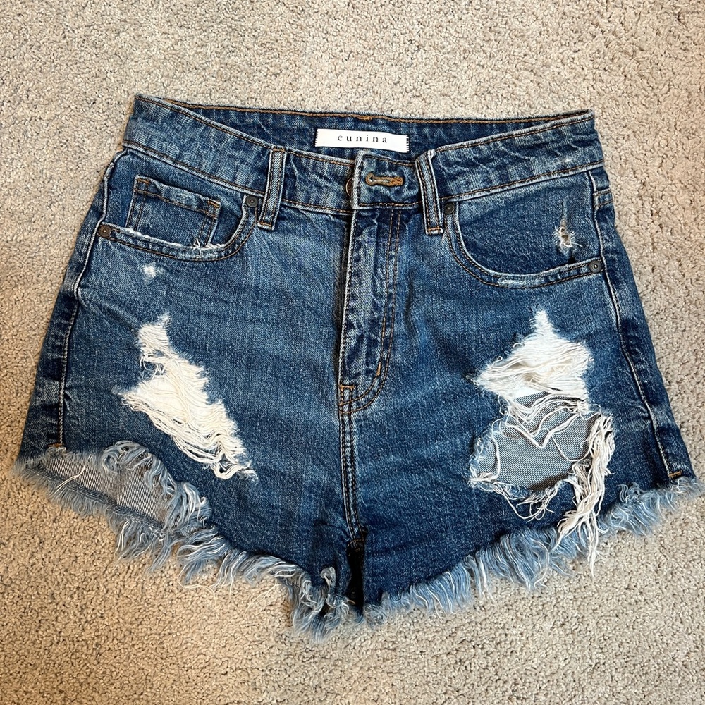 Eunina Frayed Hem Jean Shorts - Dark Blue
